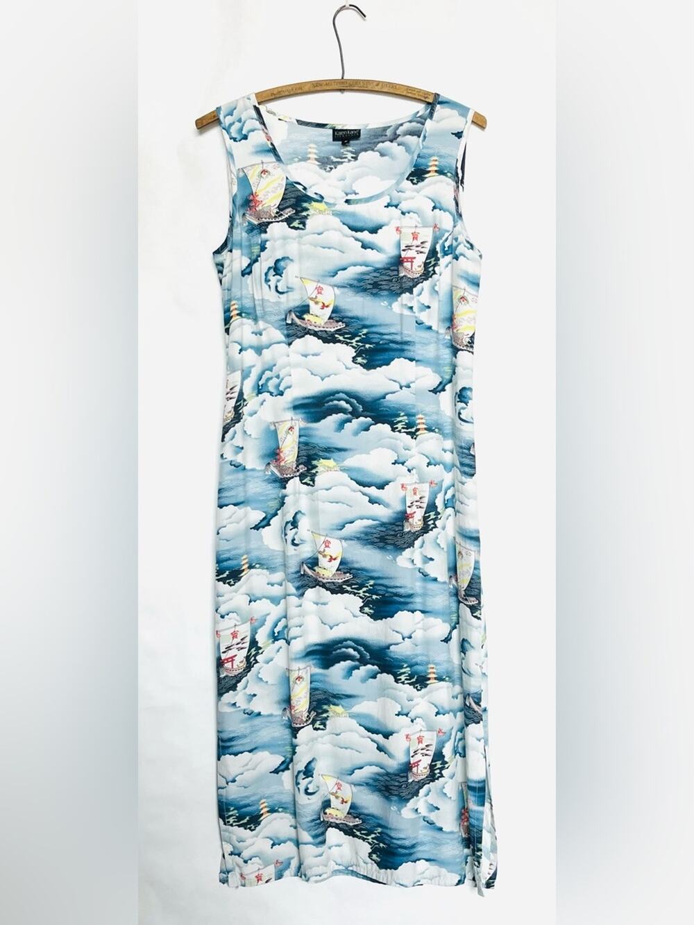 Vintage Asian Inspired Cloud & Boats Scenic Print Sleeveless Dress Long Summer M